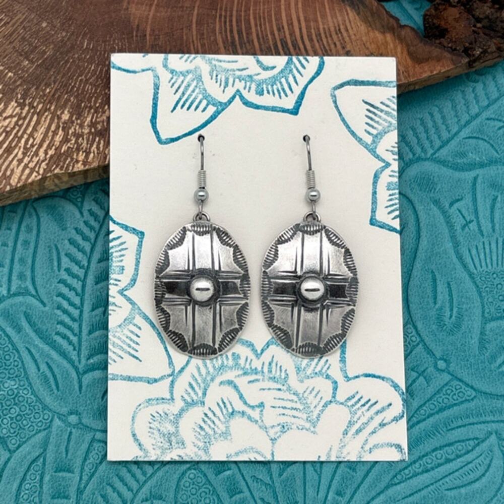BUFFALO DANCER Taos Pueblo Coin Silver Oval Cross Concho Dangle Earrings